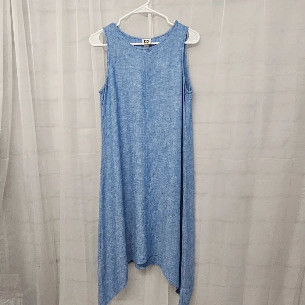 Anne Klein Blue Sleeveless Midi Dress Minimalist Shift Boho Beach Linen S - Picture 8 of 13